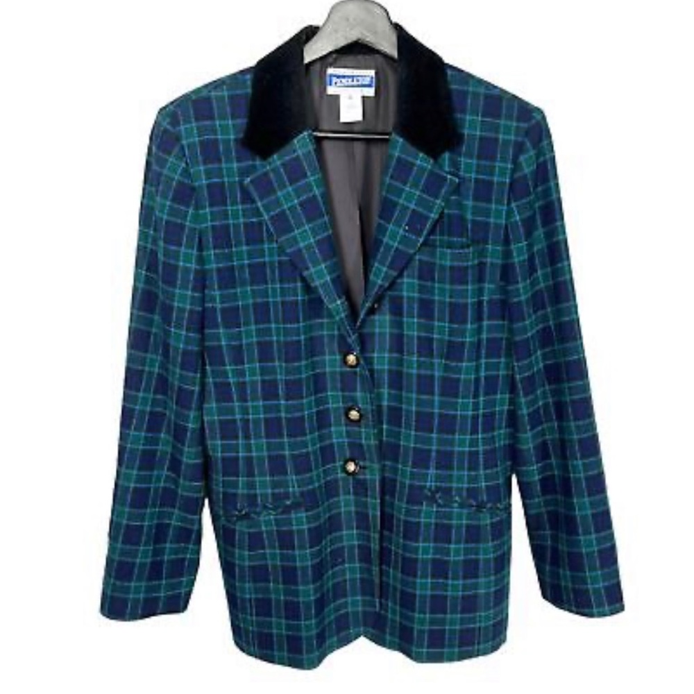 Pendleton BLUE GREEN plaid vintage blazer 90s black velvet collar